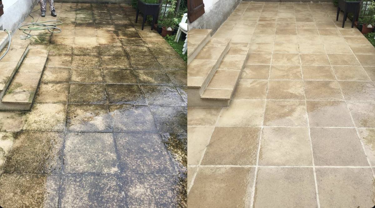 Terrasse avant et après nettoyage des mousses et salissures
